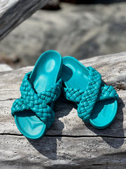 Tilly Woven Turquoise Slides - 50% OFF STOCK LIQUIDATION SALE