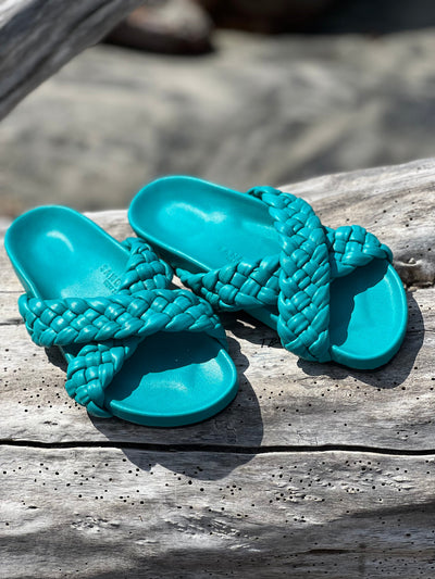 Tilly Woven Turquoise Slides - 50% OFF STOCK LIQUIDATION SALE