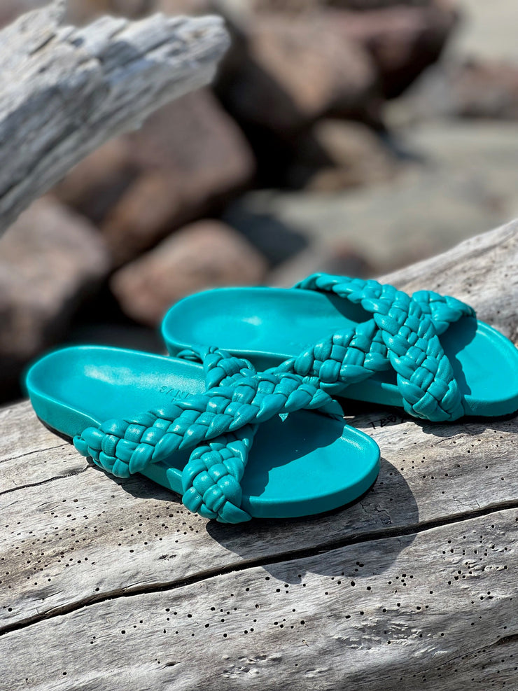 Tilly Woven Turquoise Slides - 50% OFF STOCK LIQUIDATION SALE