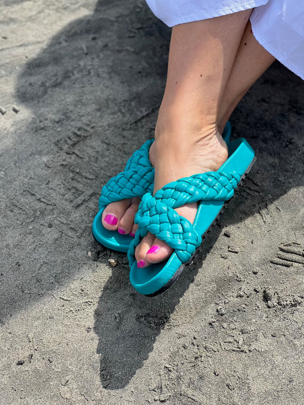 Tilly Woven Turquoise Slides