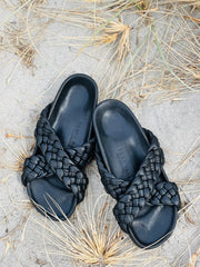 Tilly Woven Black Slides - STOCKTAKE CLEARANCE