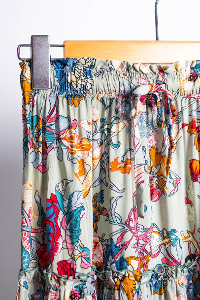 Pistachio Floral Tiered Midi Skirt